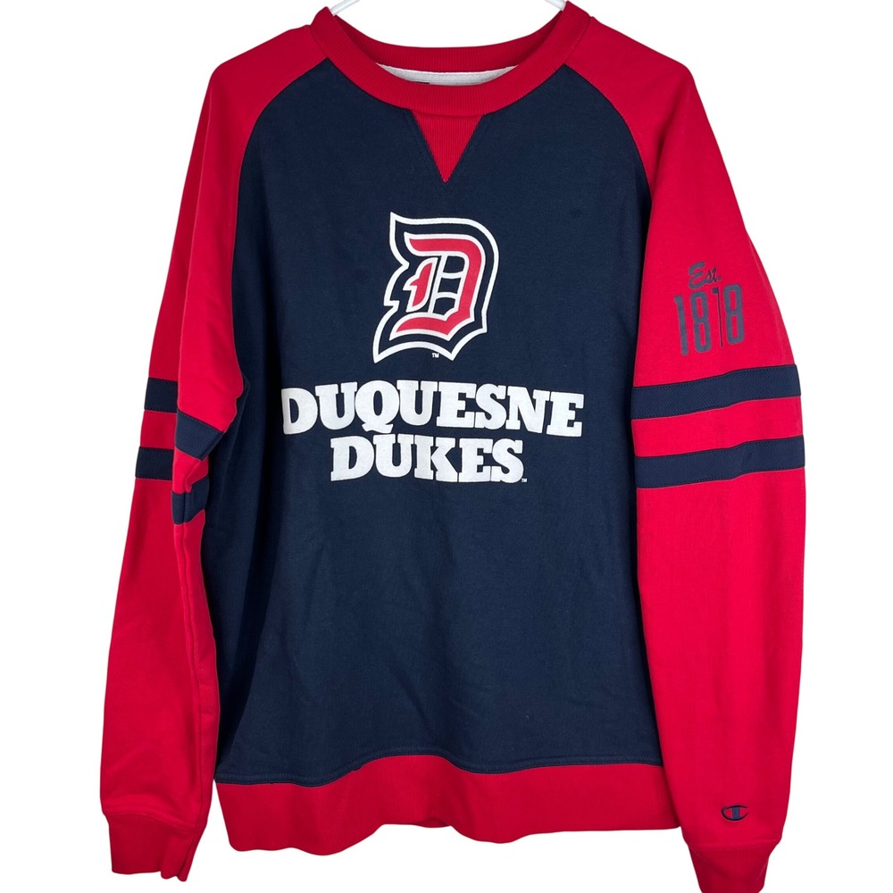 Duquesne Dukes Champion Sweatshirt Mens Large Navy Red Crewneck NCAA Pullover L